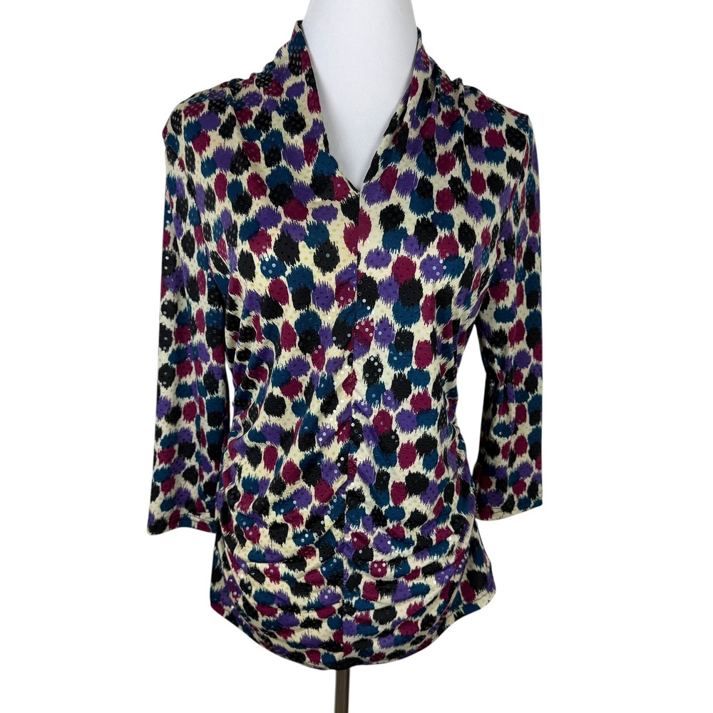 Rafaella Studio Womens Large Ruched V-Neck Sequin Ikat Polka Dot‎ 3/4 Sleeve Top